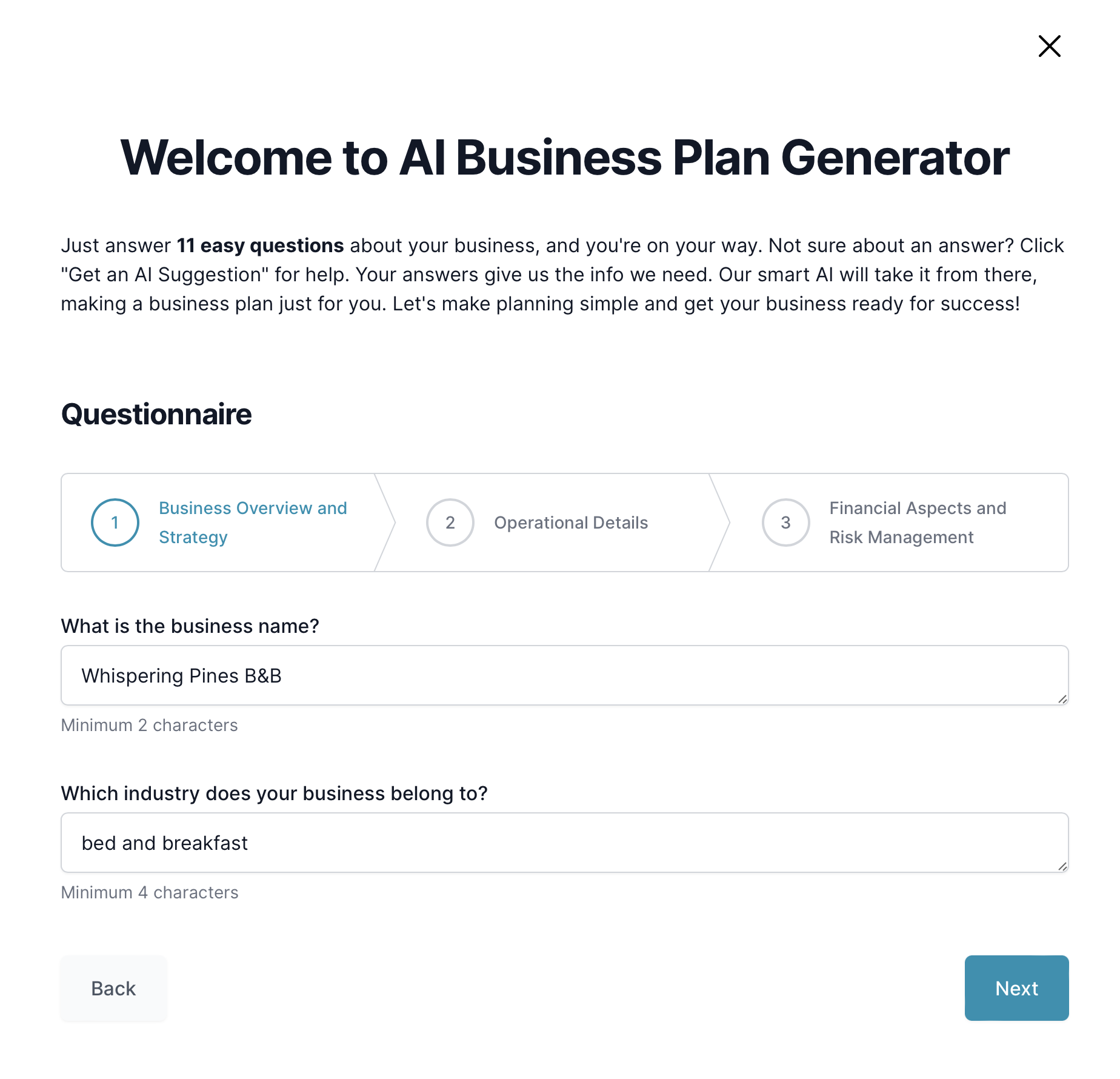 Bed and breakfast business plan: questionnaire