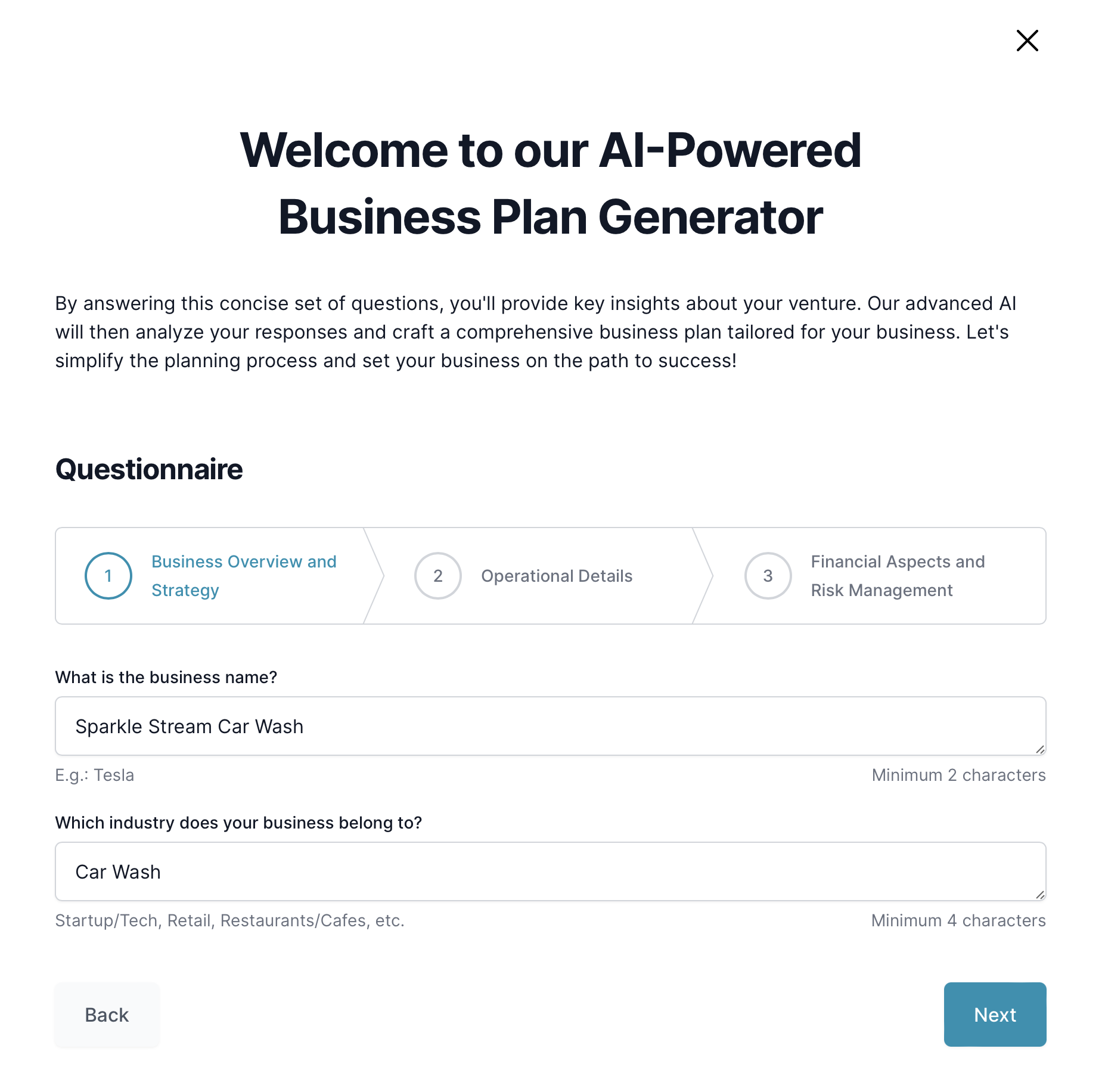 Car wash business plan: questionnaire