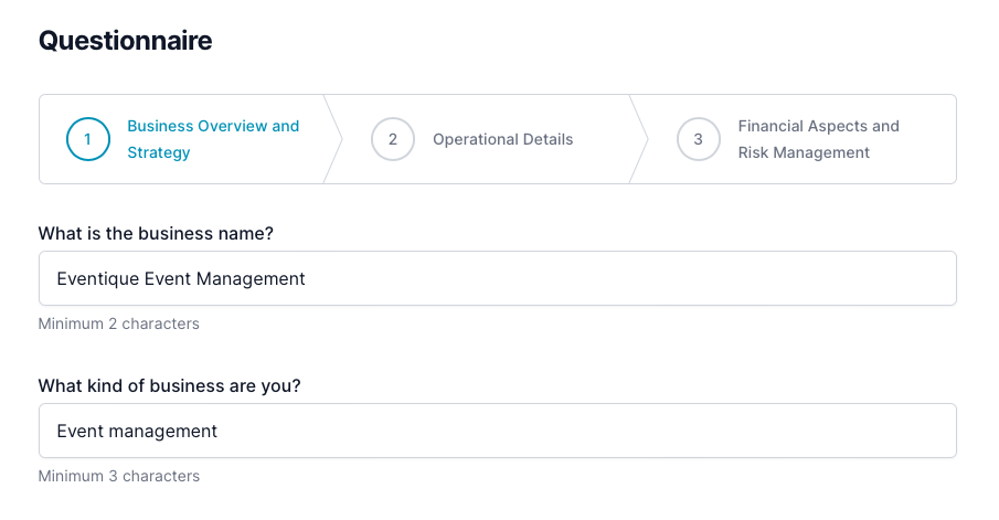Event management business plan: questionnaire