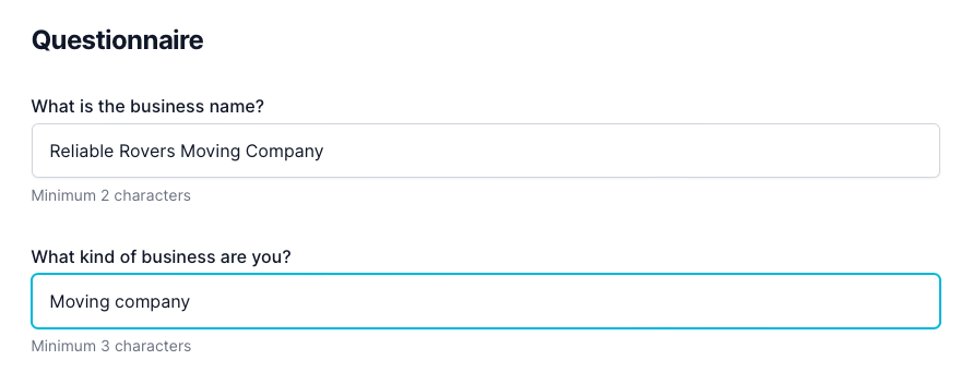 Moving company business plan: questionnaire