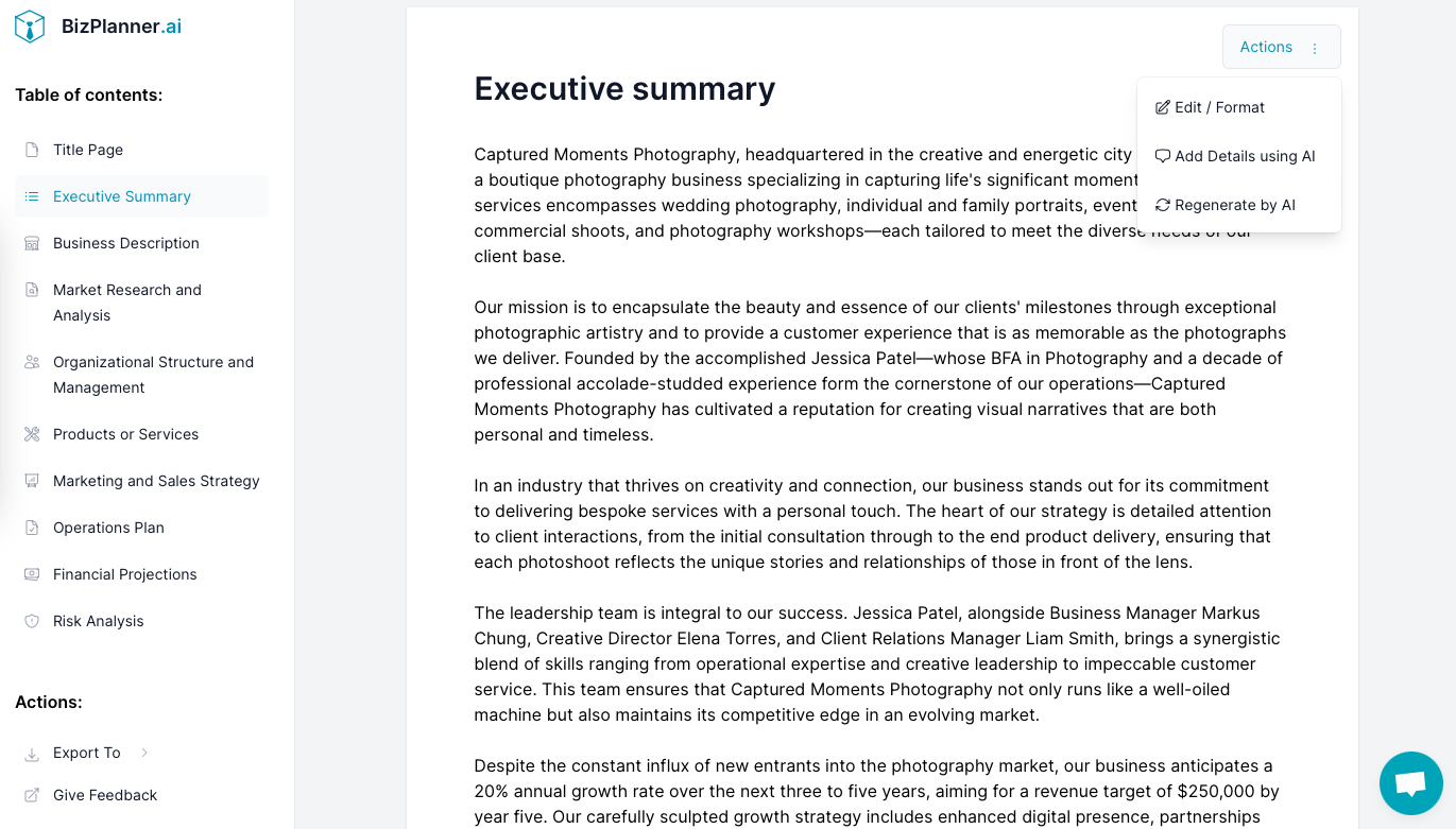 Photography business plan: result