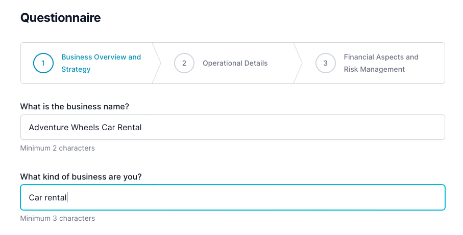 Car rental business plan: questionnaire