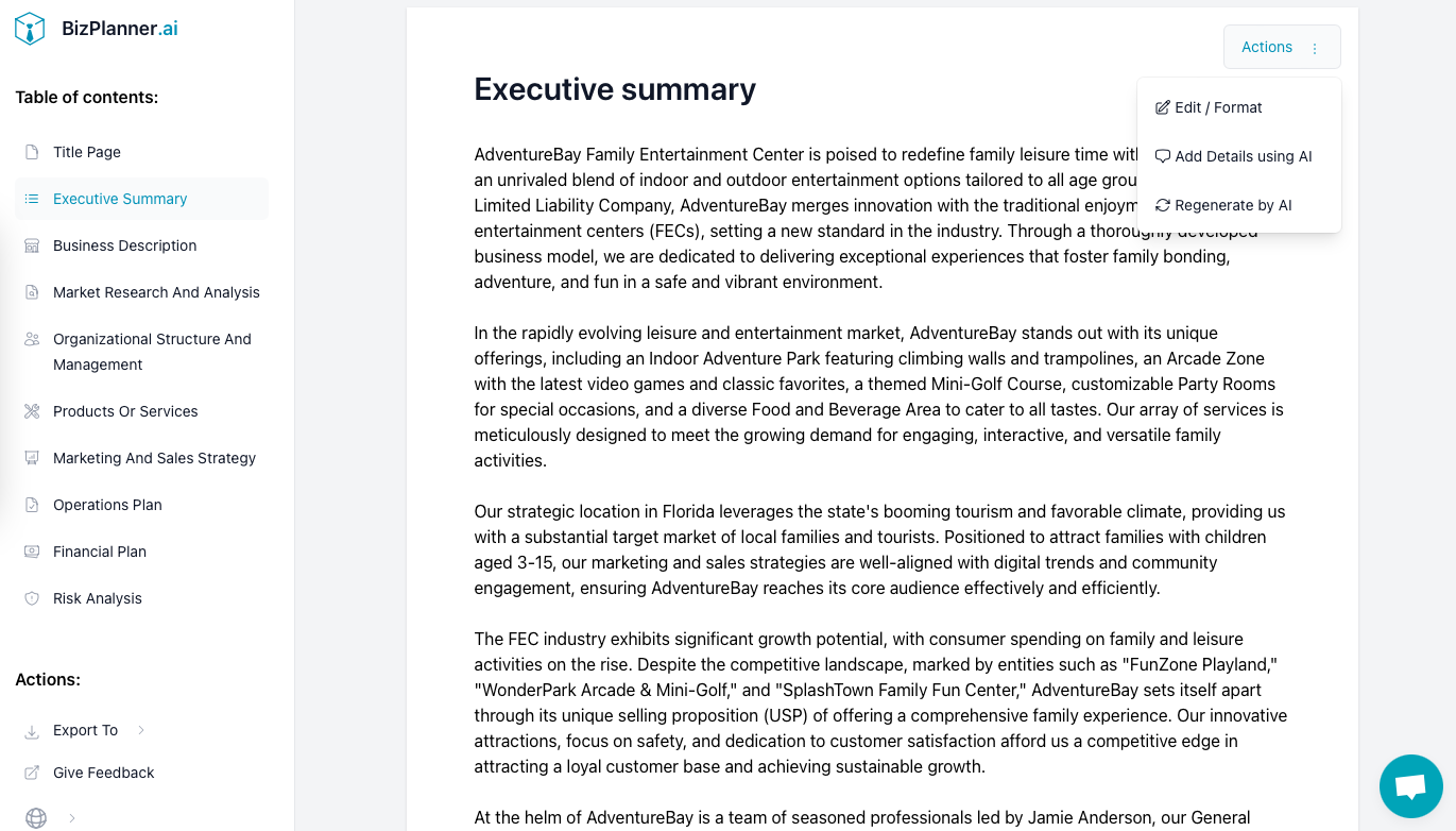 Family entertainment center business plan: result