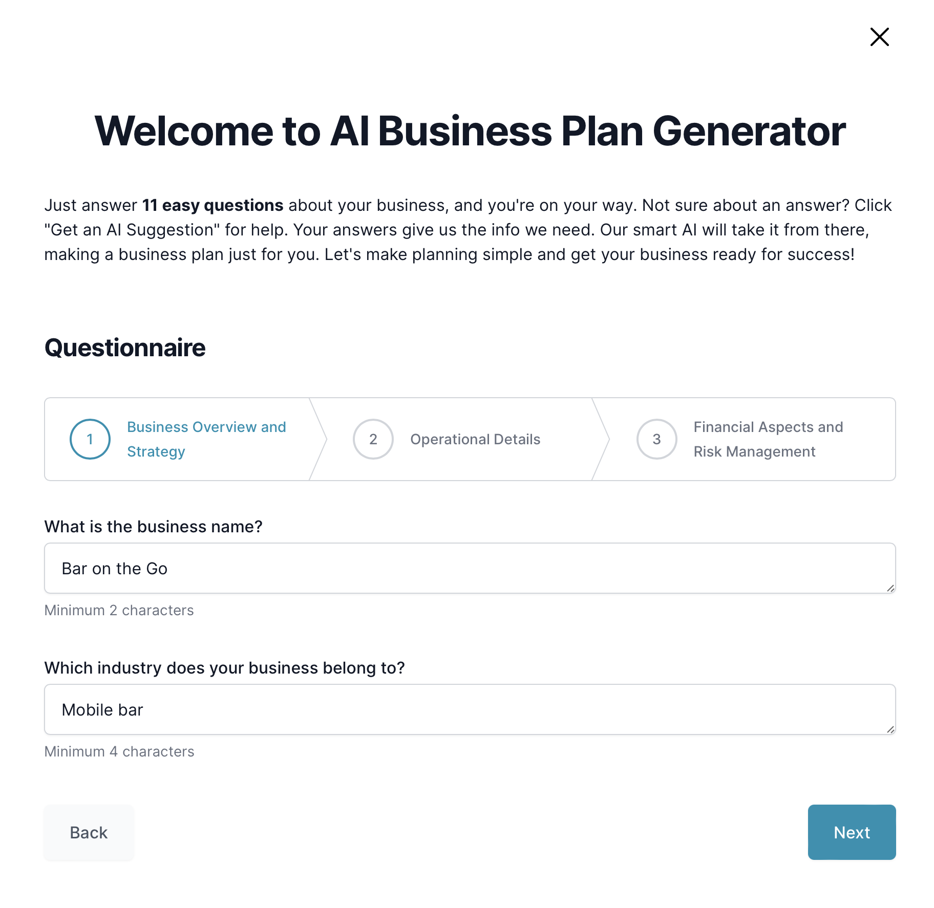 Mobile bar business plan: questionnaire