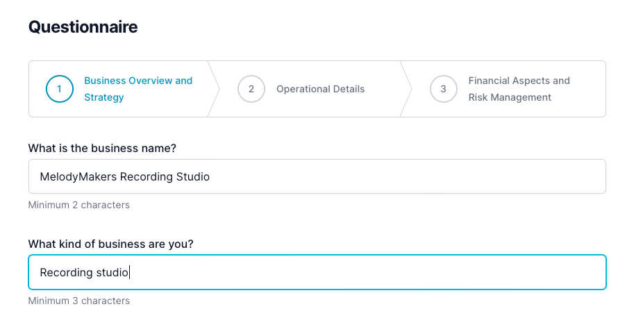 Recording studio business plan: questionnaire