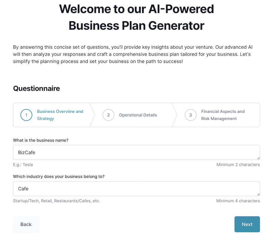cafe business plan: questionnaire