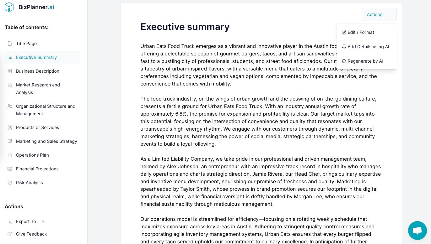 Food truck business plan: result