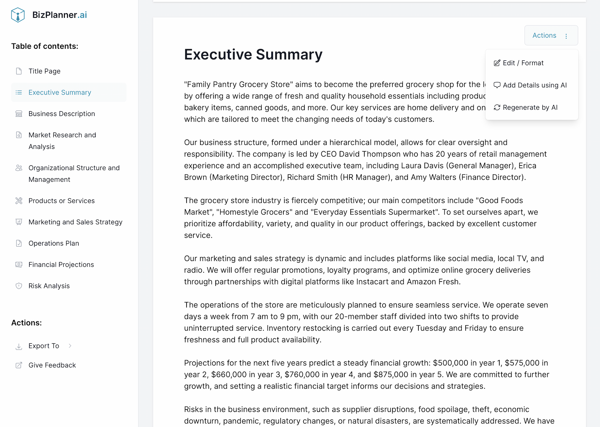 Grocery store business plan: result