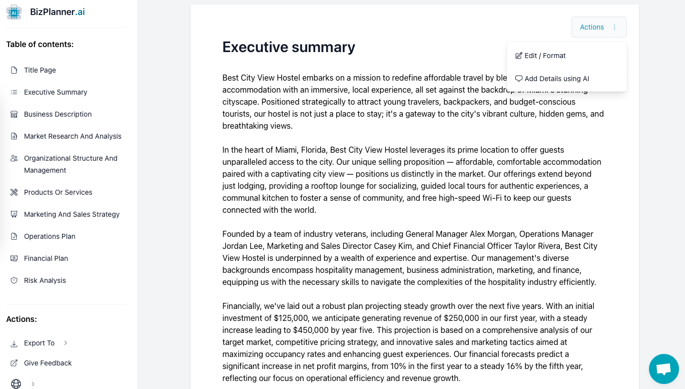 Hostel business plan: result