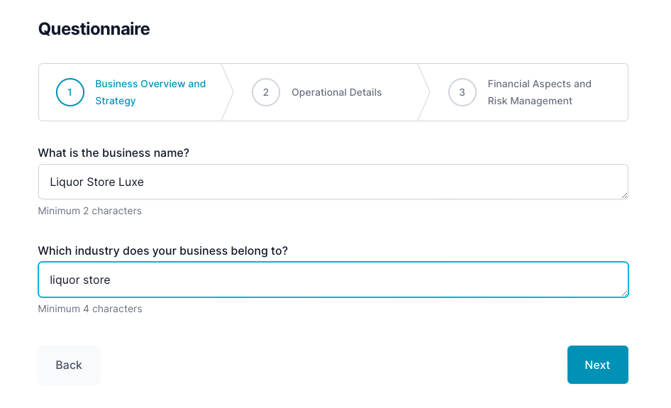 Liquor store business plan: questionnaire
