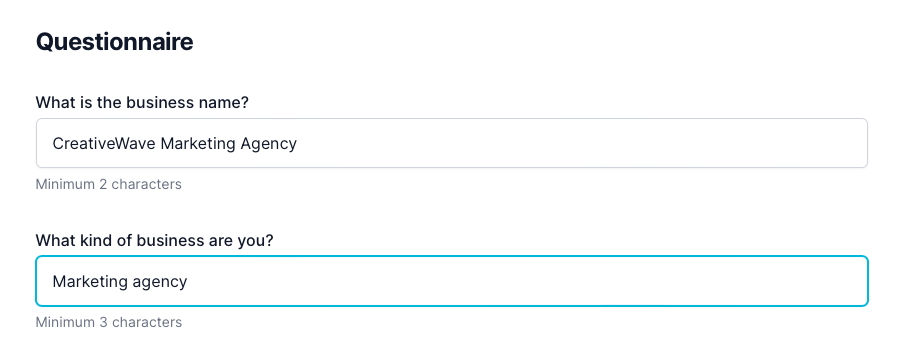 Marketing agency business plan: questionnaire