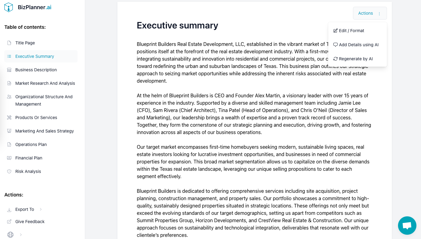 Real estate development business plan: result