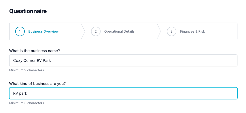 RV park business plan: questionnaire