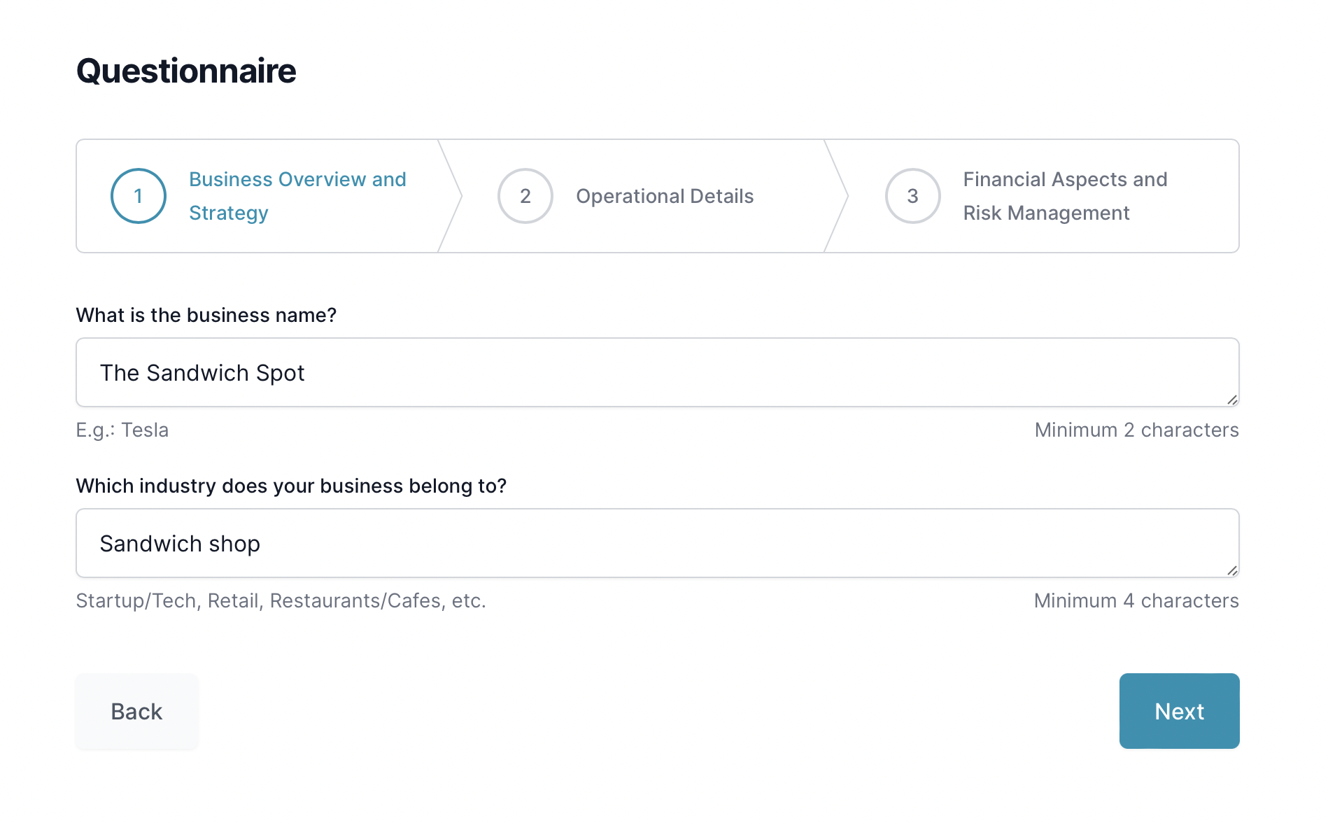 Sandwich shop business plan: questionnaire