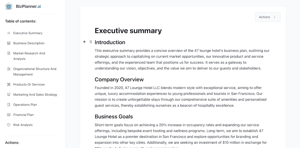Components of a business plan: Executive Summary