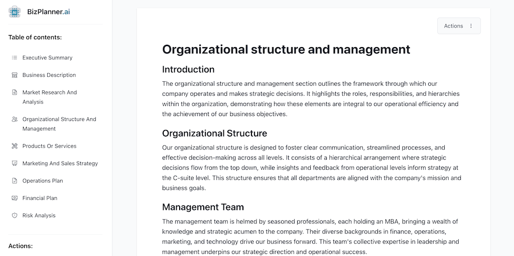 Components of a business plan: Organizational Structure and Management