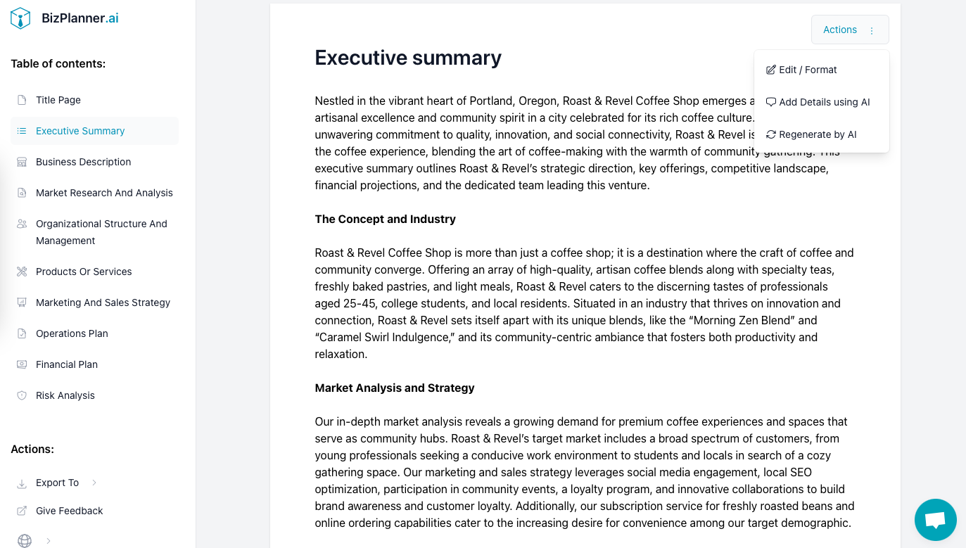 Plan de negocio para cafetería: resultado