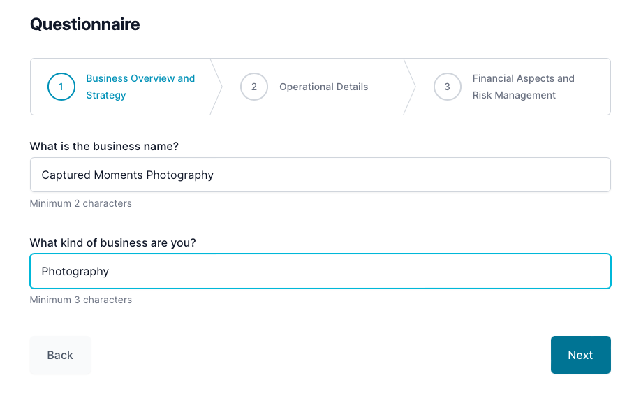 Photography business plan: questionnaire